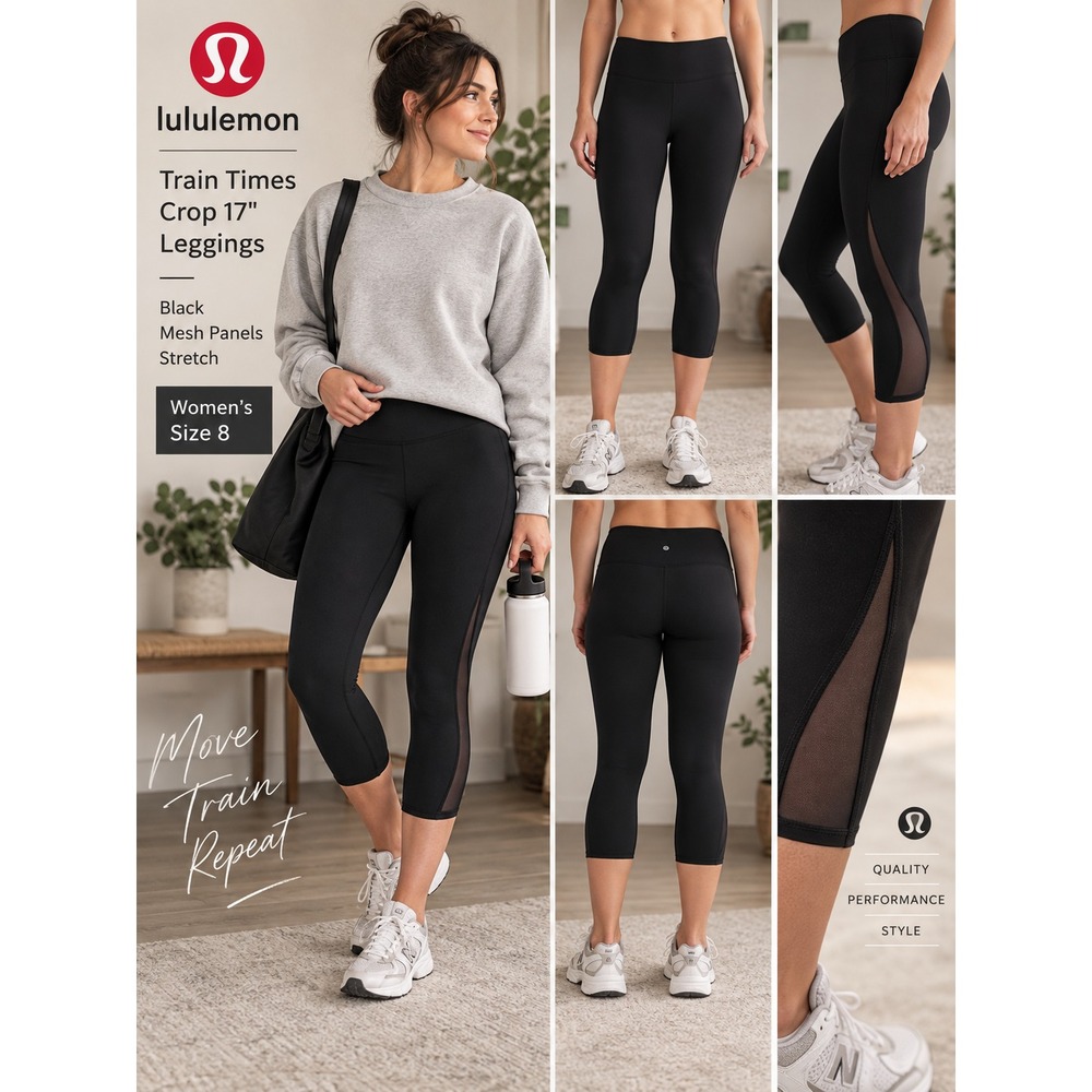 Lululemon Train Times Crop 17" Leggings Black Mesh Panels Stretch Women's Size 8